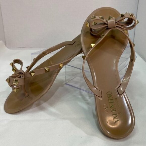 Valentino Garavani Rockstud Bow Jelly Thong Flip Flop Sandals Nude Beige 39 - Picture 10 of 15